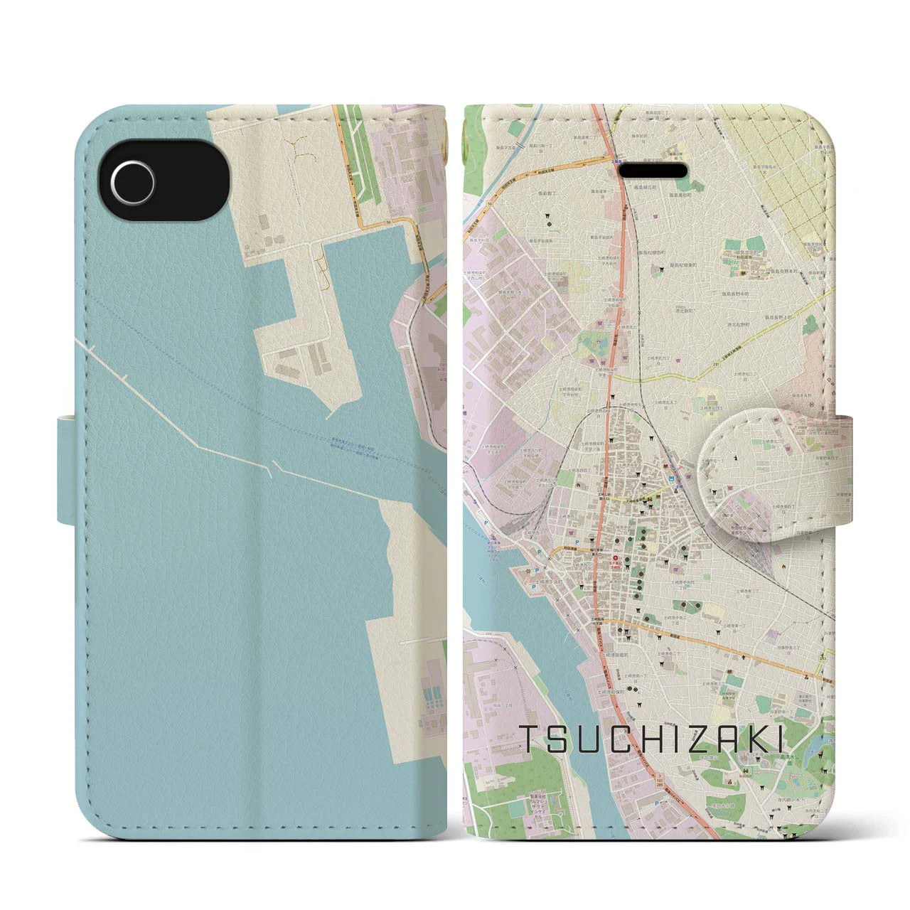 【土崎(秋田県)】地図柄iPhoneケース(手帳タイプ)ナチュラル・iPhone SE(第3 / 第2世代) / 8 / 7 / 6s / 6 用