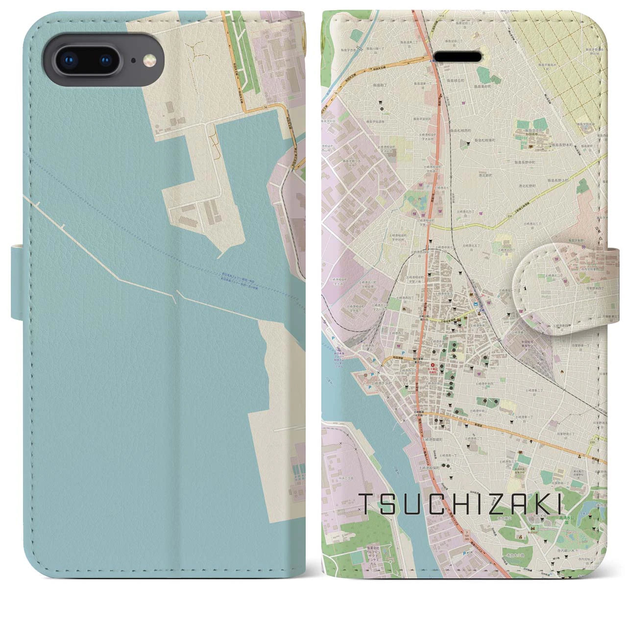 【土崎(秋田県)】地図柄iPhoneケース(手帳タイプ)ナチュラル・iPhone 8Plus /7Plus / 6sPlus / 6Plus 用