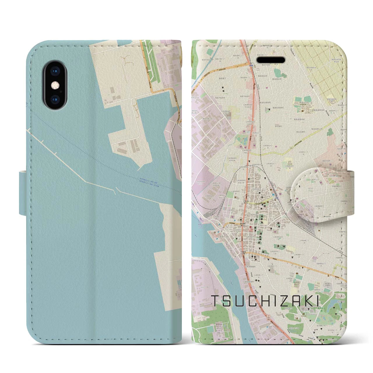 【土崎(秋田県)】地図柄iPhoneケース(手帳タイプ)ナチュラル・iPhone XS / X 用