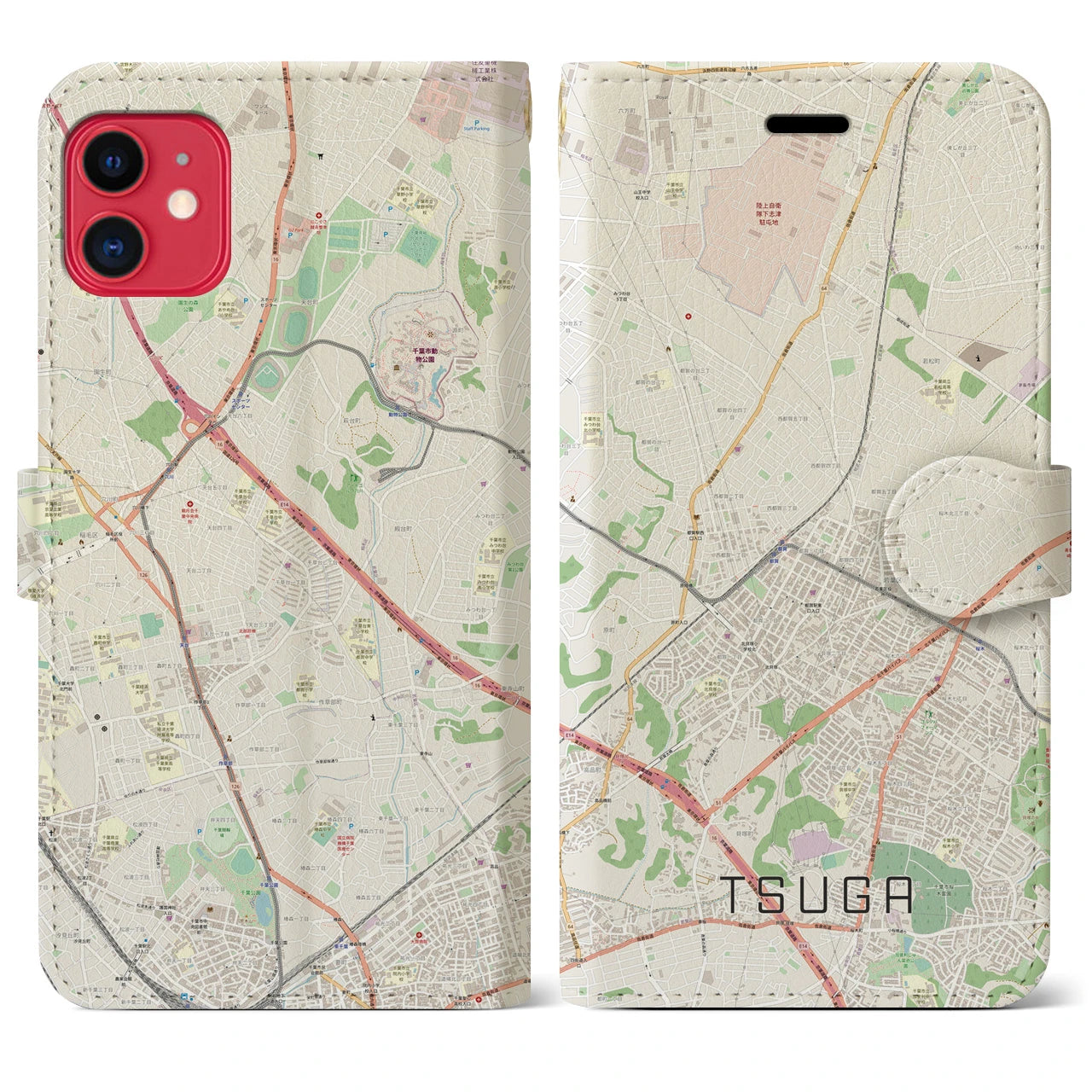 【都賀(千葉県)】地図柄iPhoneケース(手帳タイプ)ナチュラル・iPhone 11 用