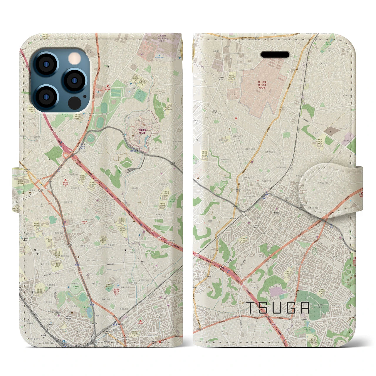 【都賀(千葉県)】地図柄iPhoneケース(手帳タイプ)ナチュラル・iPhone 12 / 12 Pro 用
