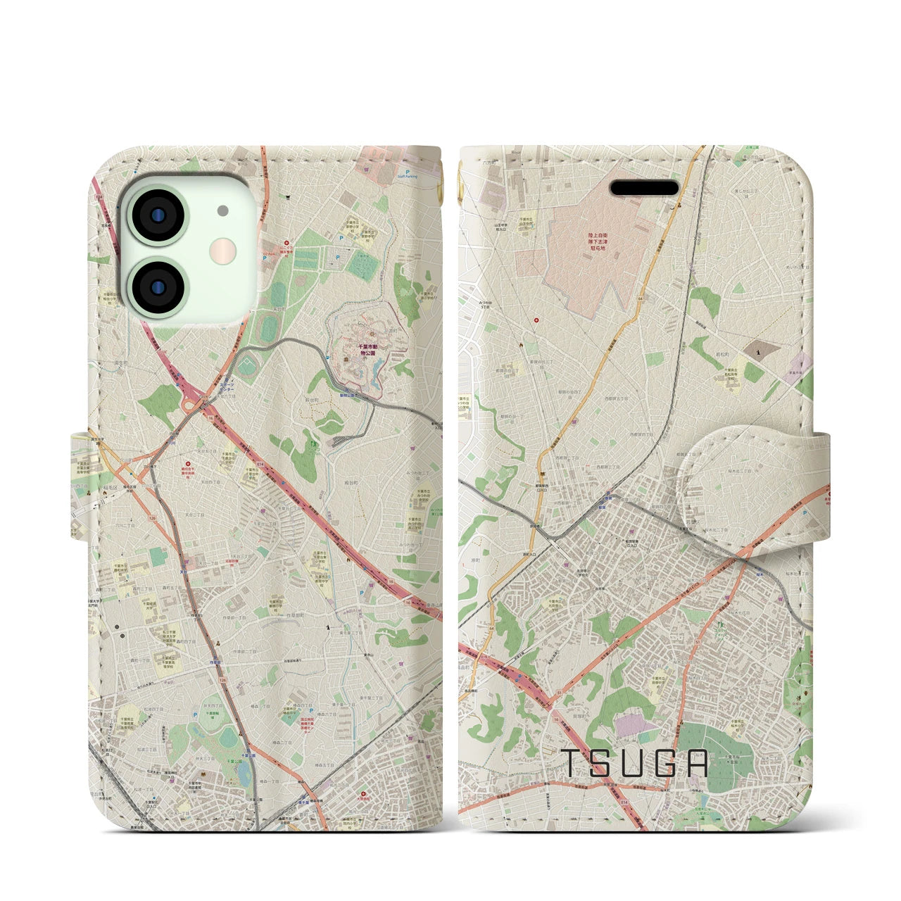 【都賀(千葉県)】地図柄iPhoneケース(手帳タイプ)ナチュラル・iPhone 12 mini 用