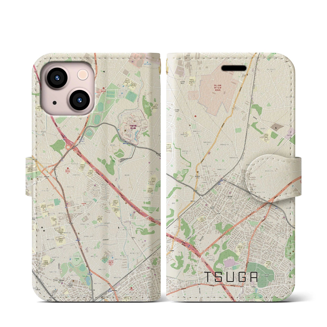 【都賀(千葉県)】地図柄iPhoneケース(手帳タイプ)ナチュラル・iPhone 13 mini 用