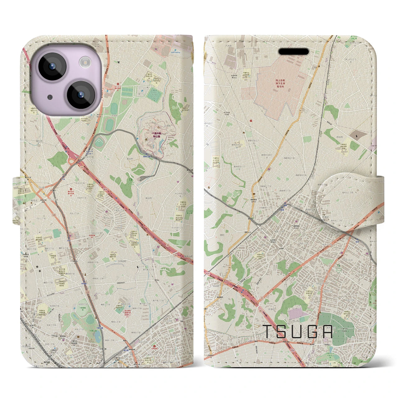 【都賀(千葉県)】地図柄iPhoneケース(手帳タイプ)ナチュラル・iPhone 14 用