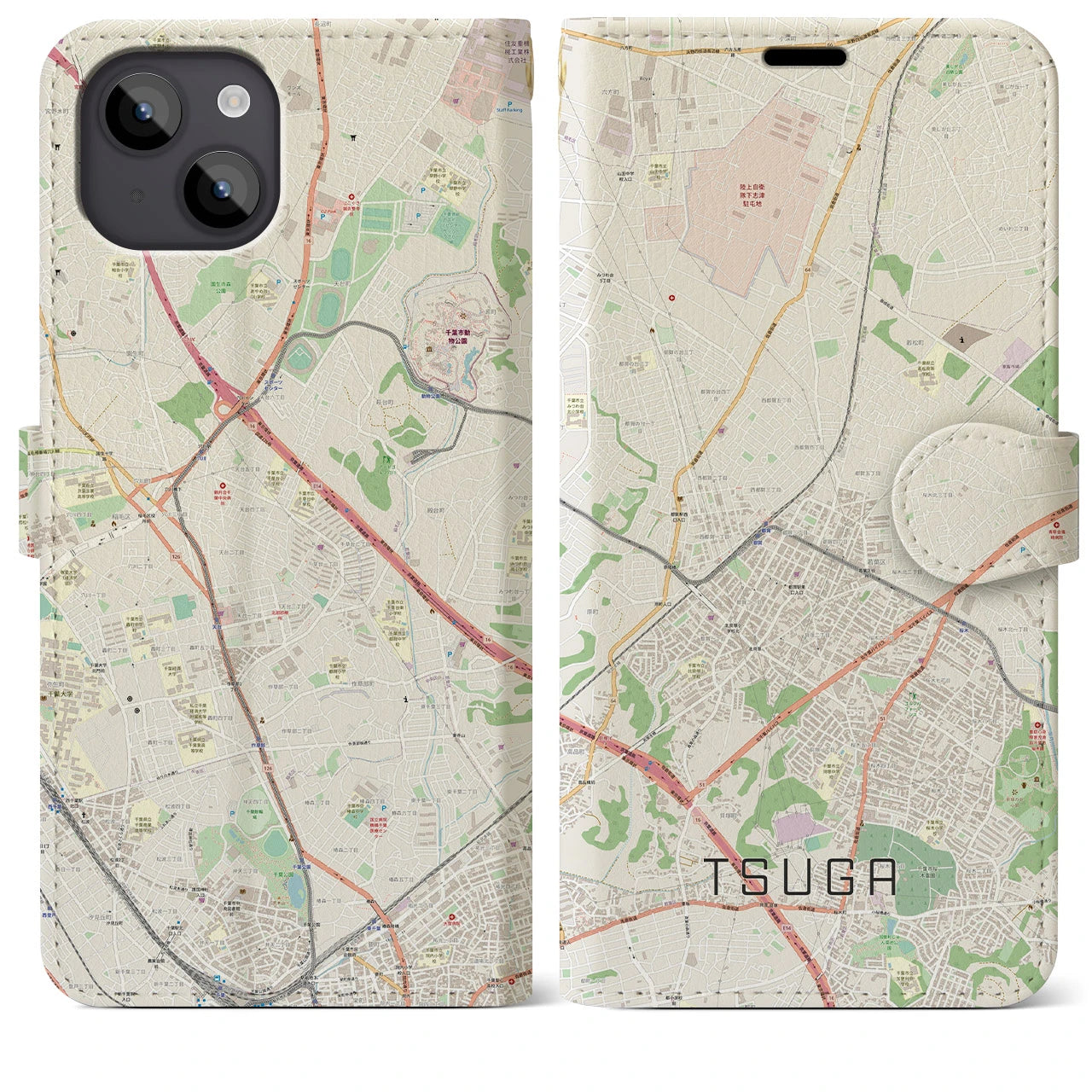 【都賀(千葉県)】地図柄iPhoneケース(手帳タイプ)ナチュラル・iPhone 14 Plus 用