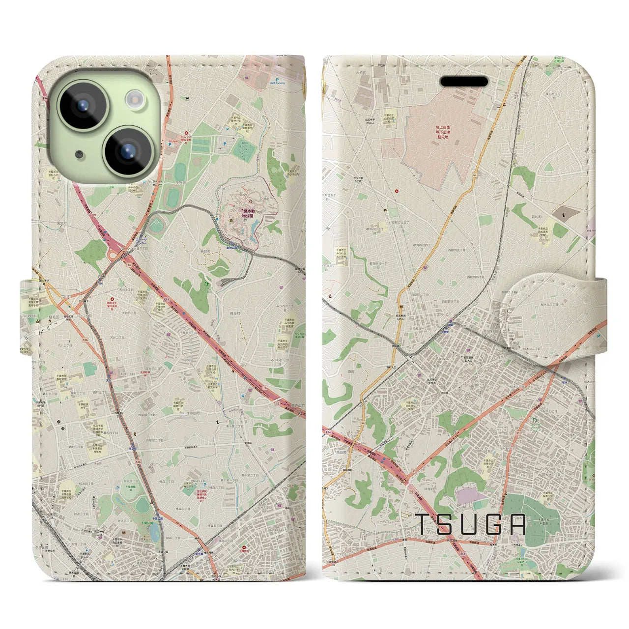 【都賀(千葉県)】地図柄iPhoneケース(手帳タイプ)ナチュラル・iPhone 15 用
