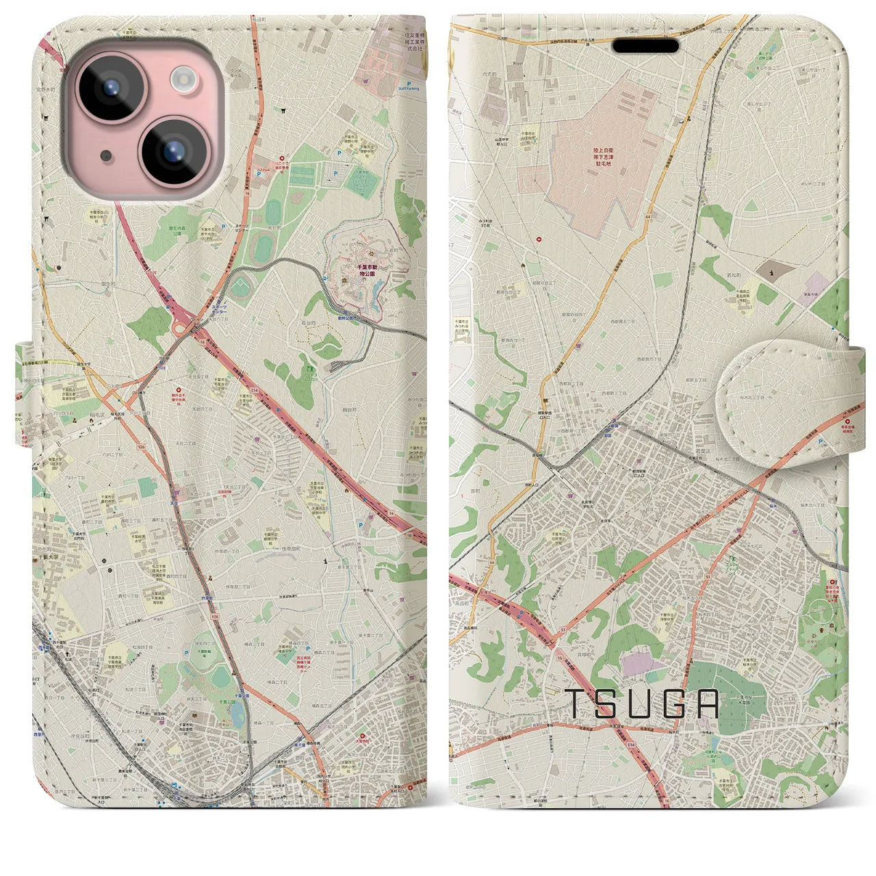 【都賀(千葉県)】地図柄iPhoneケース(手帳タイプ)ナチュラル・iPhone 15 Plus 用