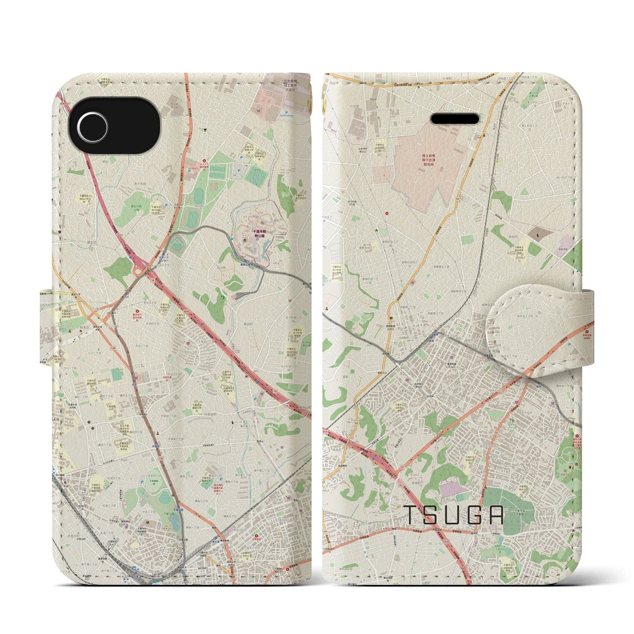 【都賀(千葉県)】地図柄iPhoneケース(手帳タイプ)ナチュラル・iPhone SE(第3 / 第2世代) / 8 / 7 / 6s / 6 用