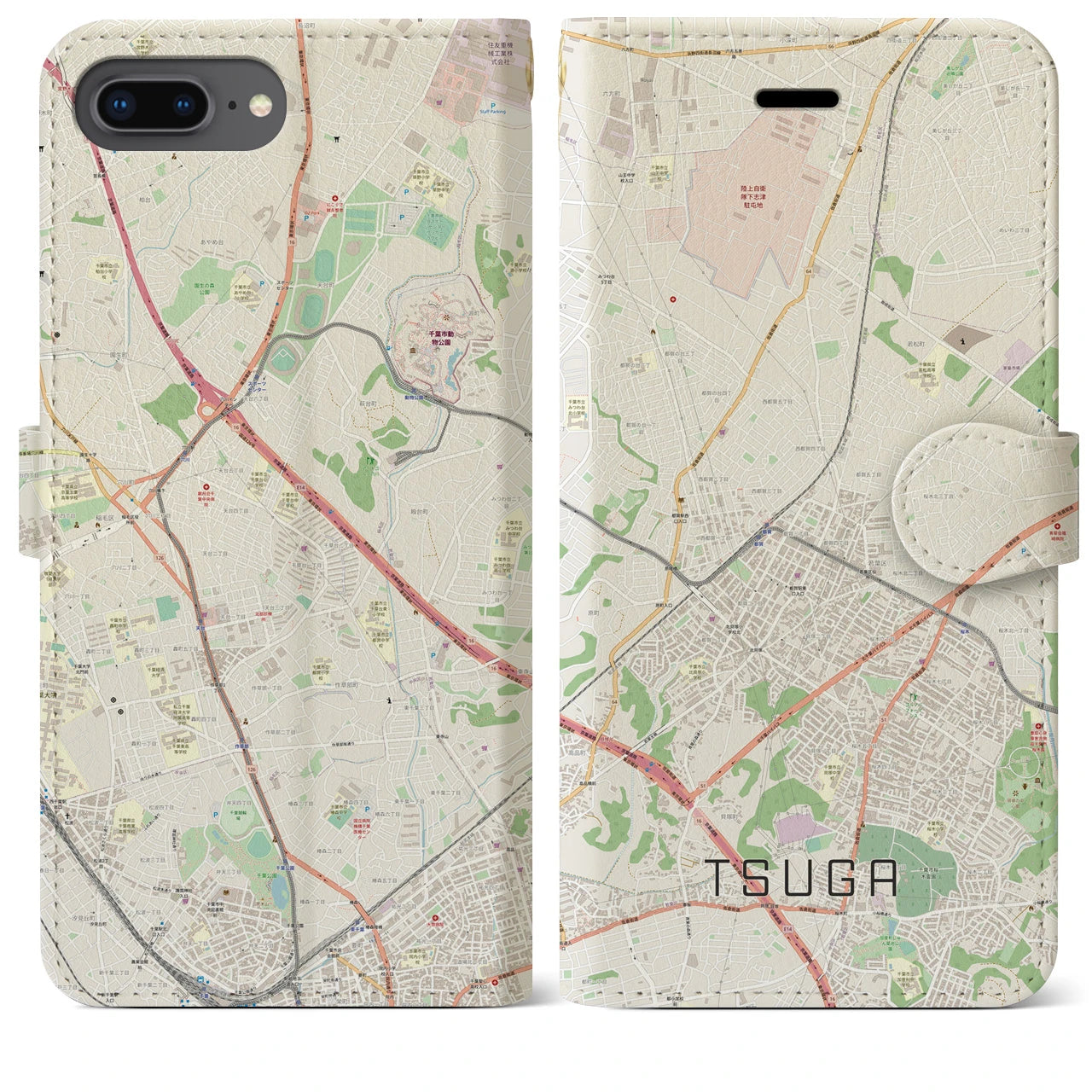 【都賀(千葉県)】地図柄iPhoneケース(手帳タイプ)ナチュラル・iPhone 8Plus /7Plus / 6sPlus / 6Plus 用