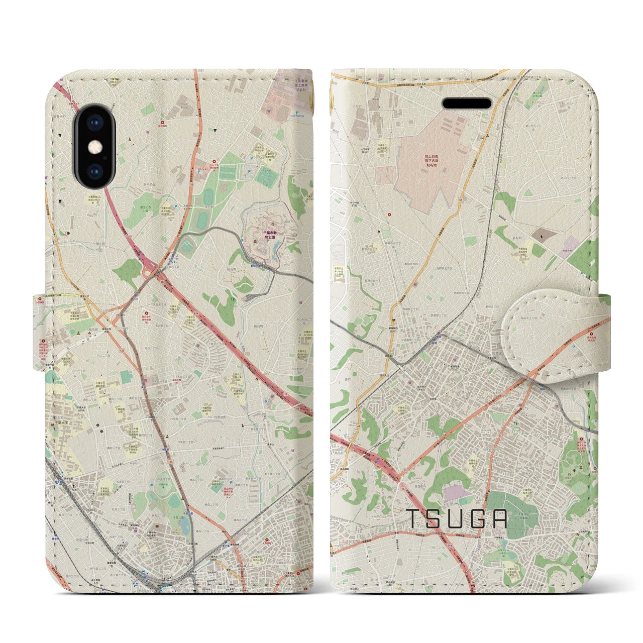【都賀(千葉県)】地図柄iPhoneケース(手帳タイプ)ナチュラル・iPhone XS / X 用