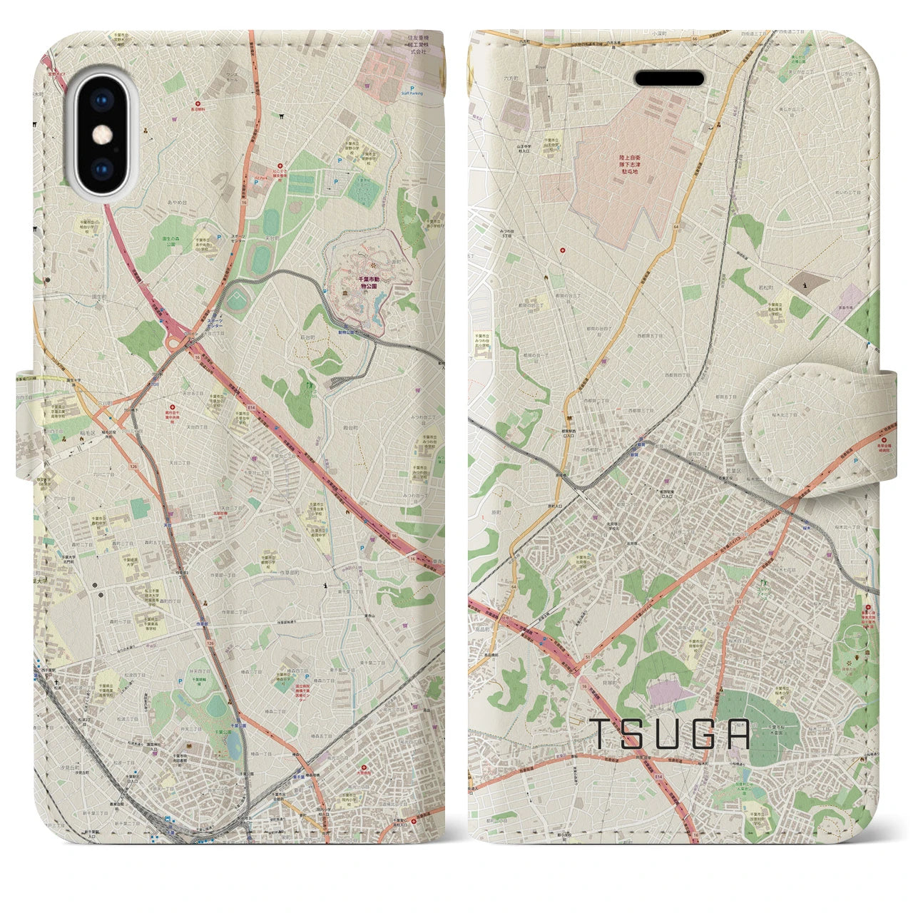 【都賀(千葉県)】地図柄iPhoneケース(手帳タイプ)ナチュラル・iPhone XS Max 用