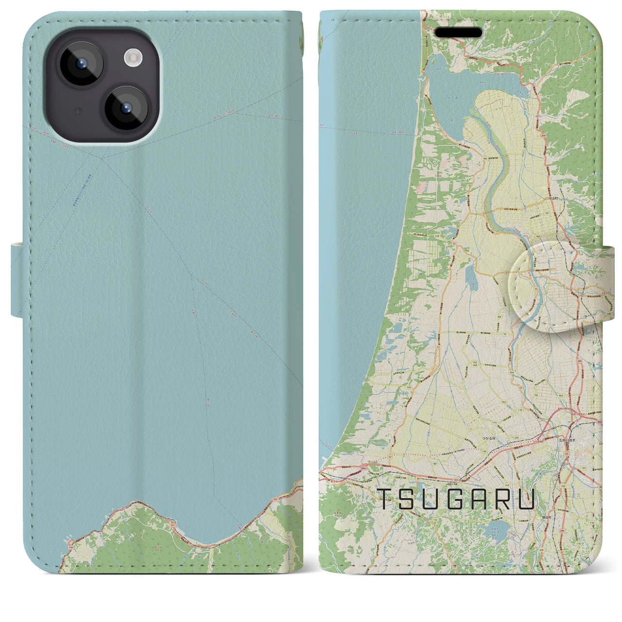 【つがる(青森県)】地図柄iPhoneケース(手帳タイプ)ナチュラル・iPhone 14 Plus 用
