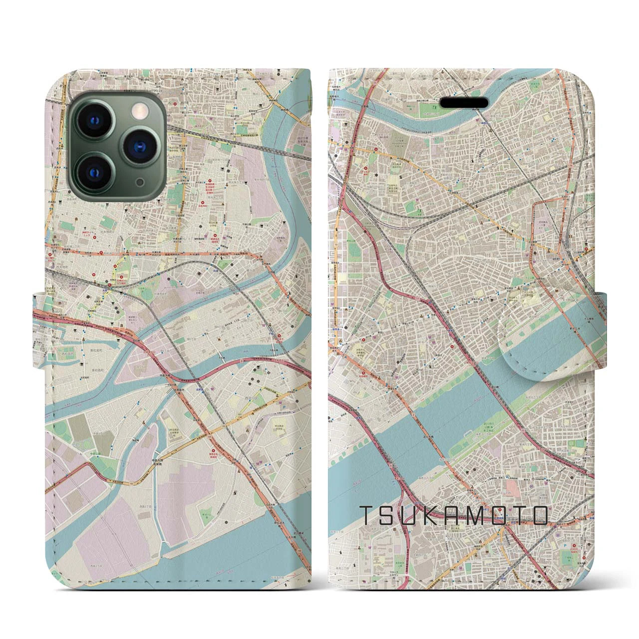 【塚本(大阪府)】地図柄iPhoneケース(手帳タイプ)ナチュラル・iPhone 11 Pro 用