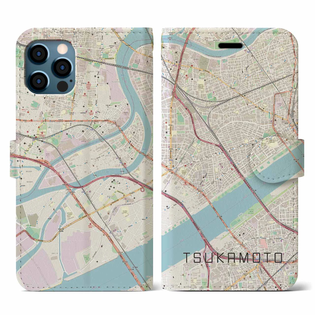 【塚本(大阪府)】地図柄iPhoneケース(手帳タイプ)ナチュラル・iPhone 12 / 12 Pro 用