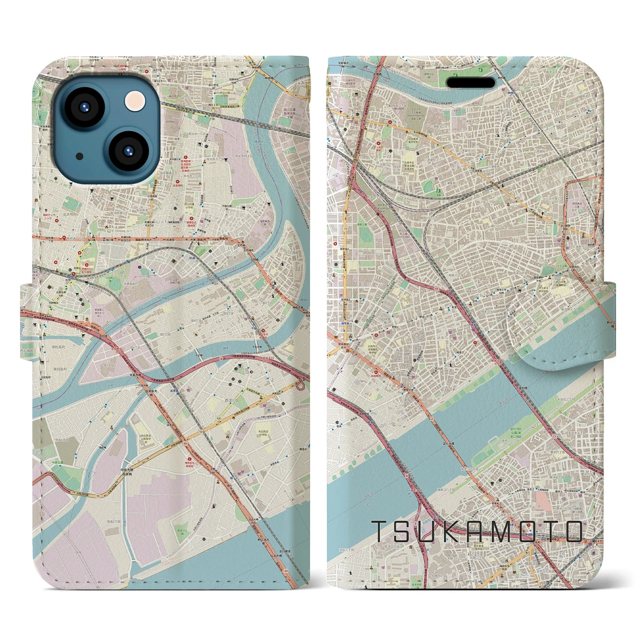 【塚本(大阪府)】地図柄iPhoneケース(手帳タイプ)ナチュラル・iPhone 13 用