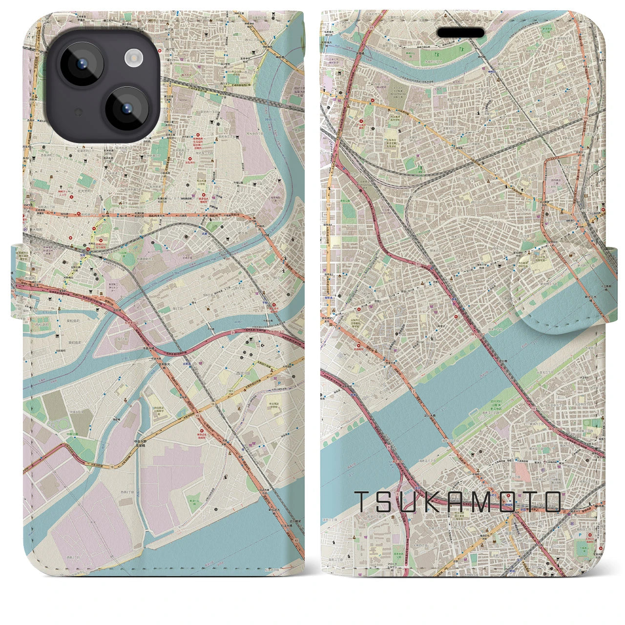 【塚本(大阪府)】地図柄iPhoneケース(手帳タイプ)ナチュラル・iPhone 14 Plus 用