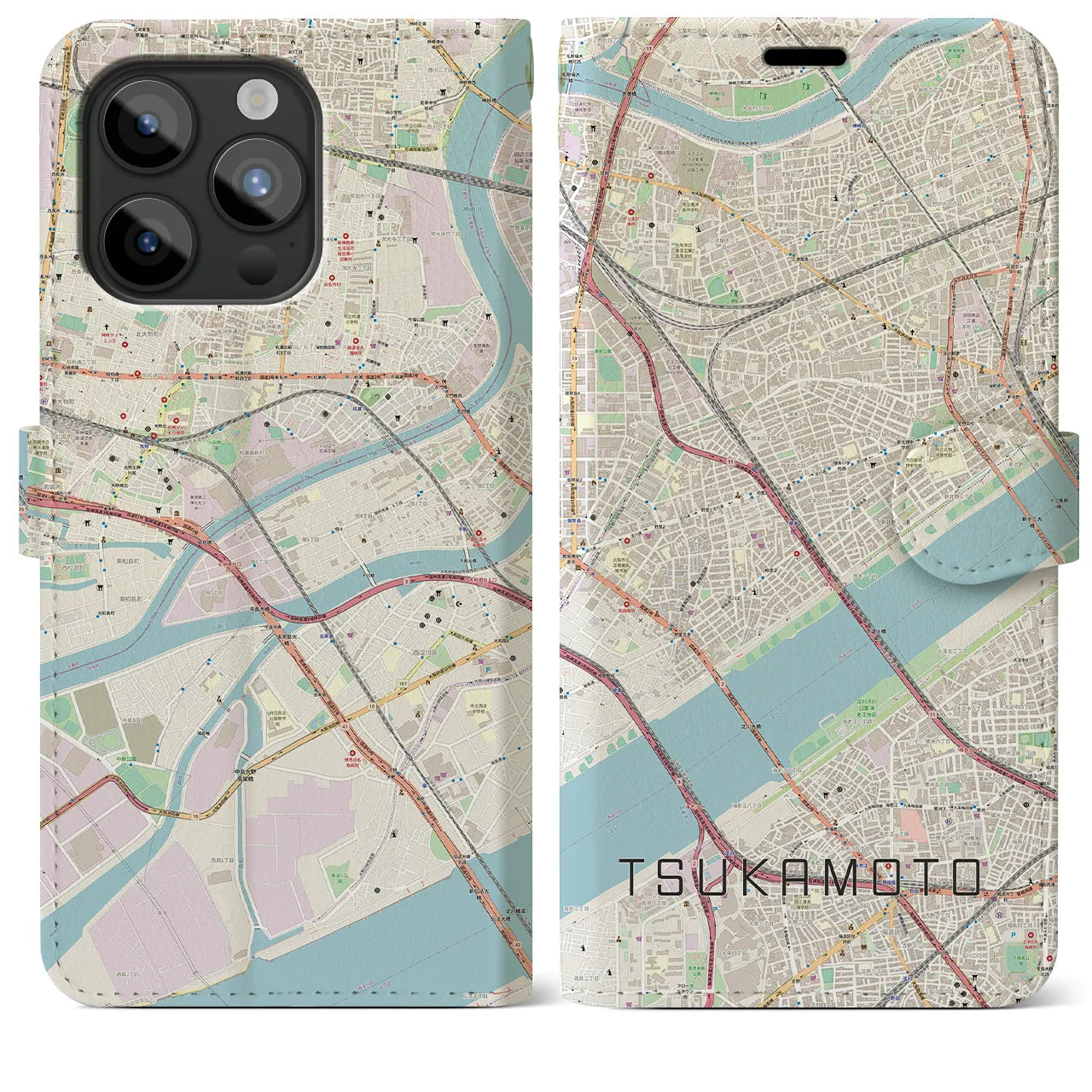 【塚本(大阪府)】地図柄iPhoneケース(手帳タイプ)ナチュラル・iPhone 15 Pro Max 用