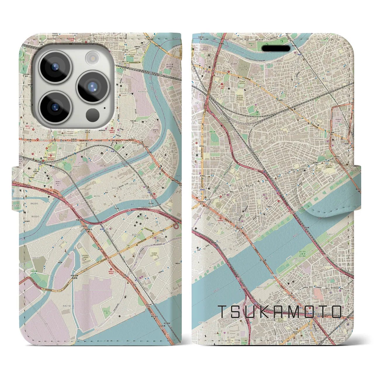 【塚本(大阪府)】地図柄iPhoneケース(手帳タイプ)ナチュラル・iPhone 15 Pro 用
