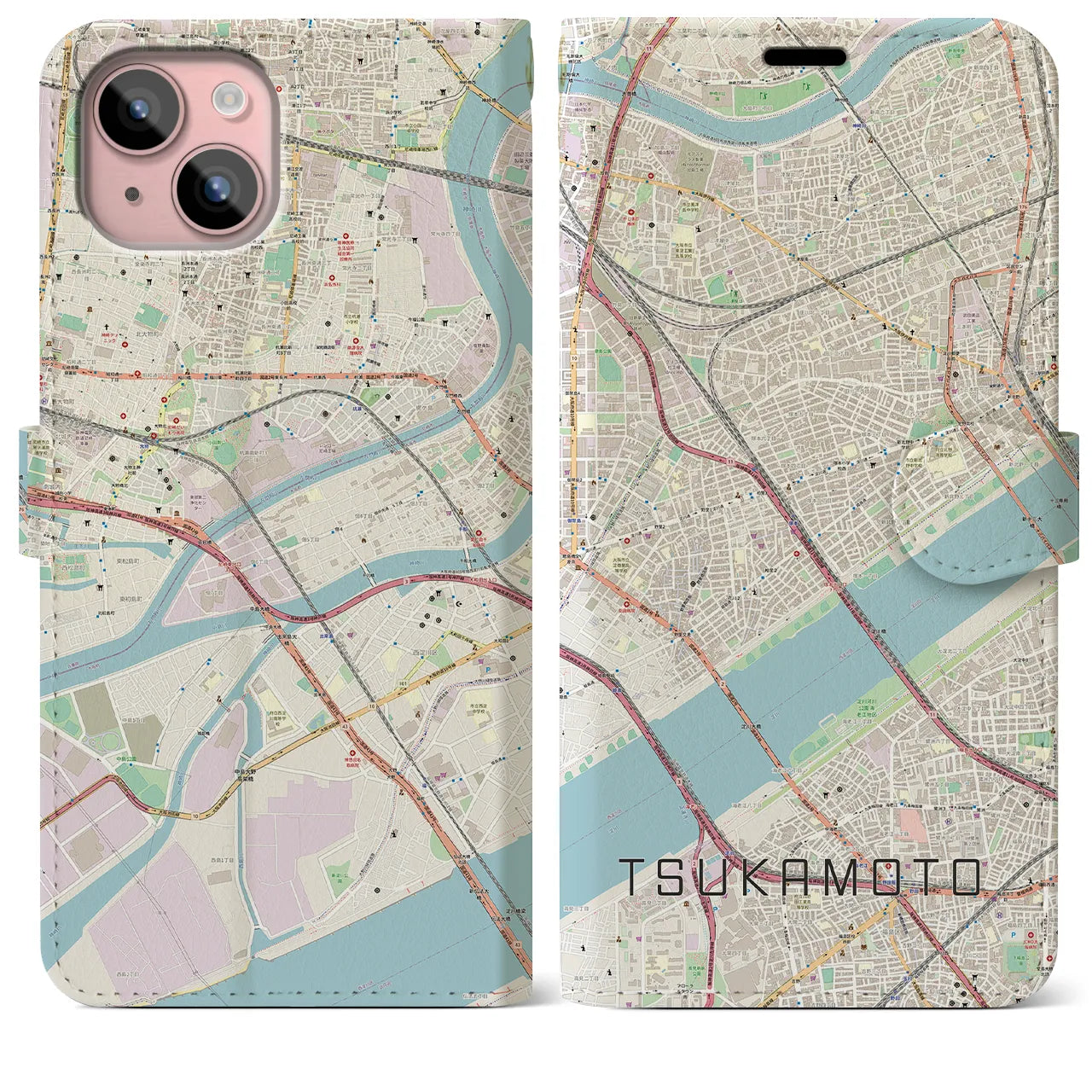 【塚本(大阪府)】地図柄iPhoneケース(手帳タイプ)ナチュラル・iPhone 15 Plus 用