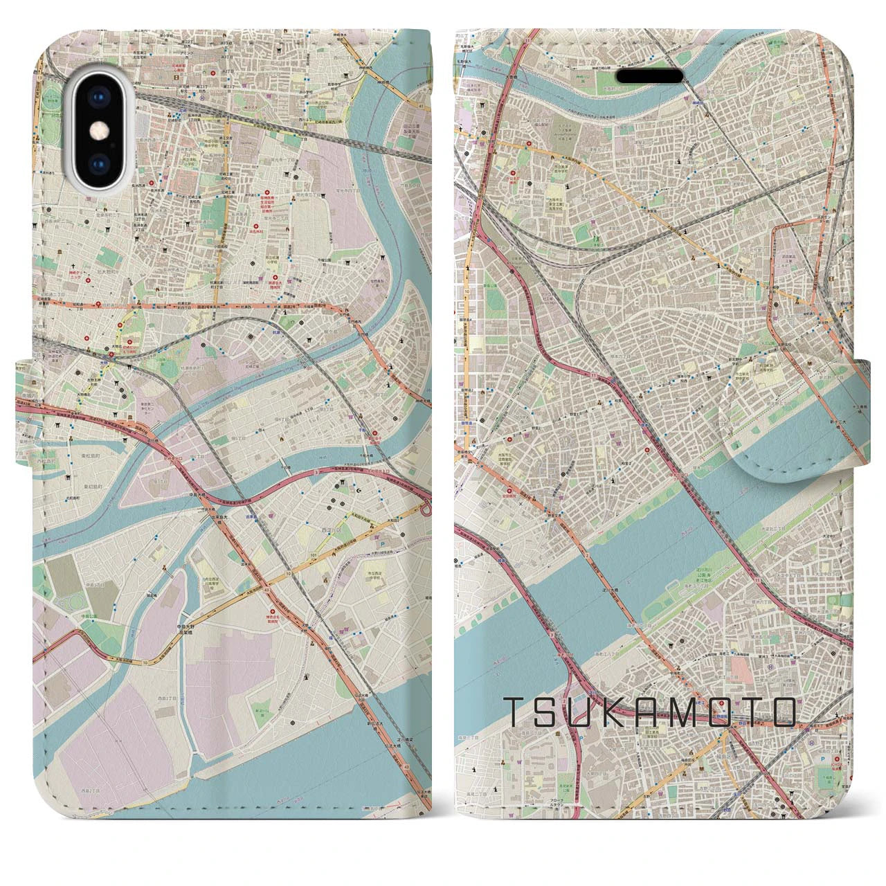 【塚本(大阪府)】地図柄iPhoneケース(手帳タイプ)ナチュラル・iPhone XS Max 用