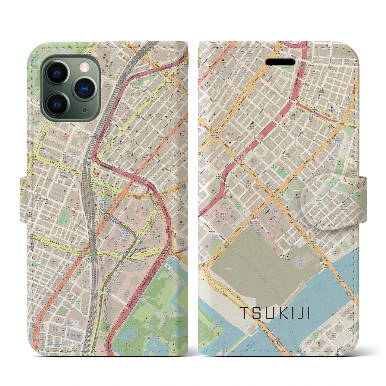 【築地(東京都)】地図柄iPhoneケース(手帳タイプ)ナチュラル・iPhone 11 Pro 用