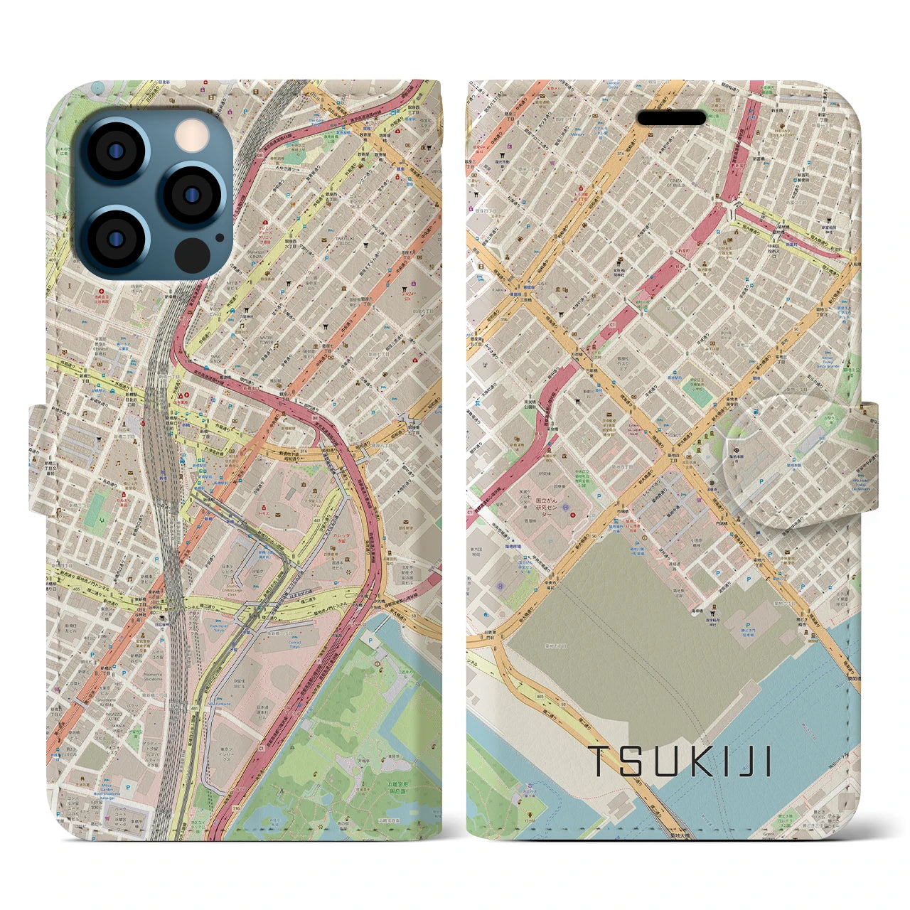 【築地(東京都)】地図柄iPhoneケース(手帳タイプ)ナチュラル・iPhone 12 / 12 Pro 用