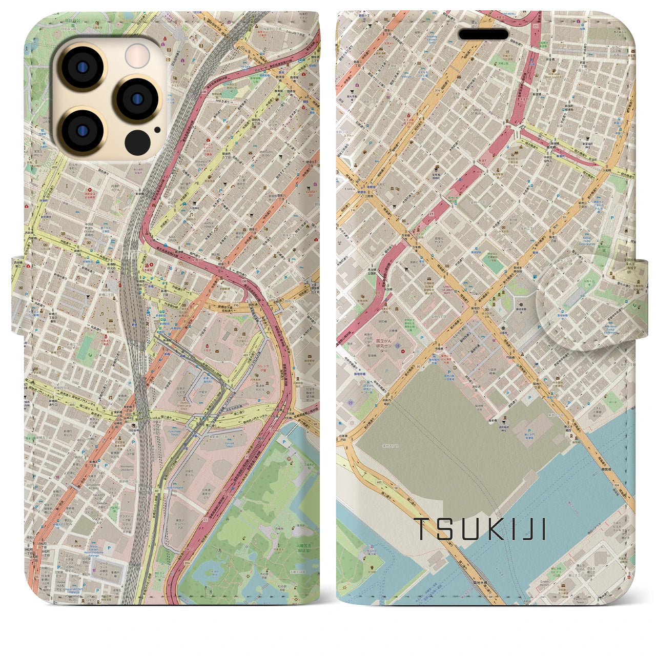 【築地(東京都)】地図柄iPhoneケース(手帳タイプ)ナチュラル・iPhone 12 Pro Max 用