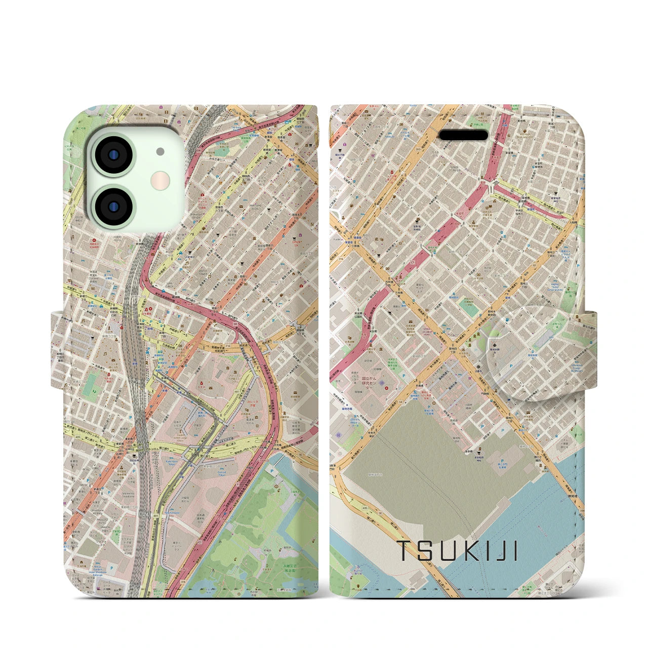 【築地(東京都)】地図柄iPhoneケース(手帳タイプ)ナチュラル・iPhone 12 mini 用