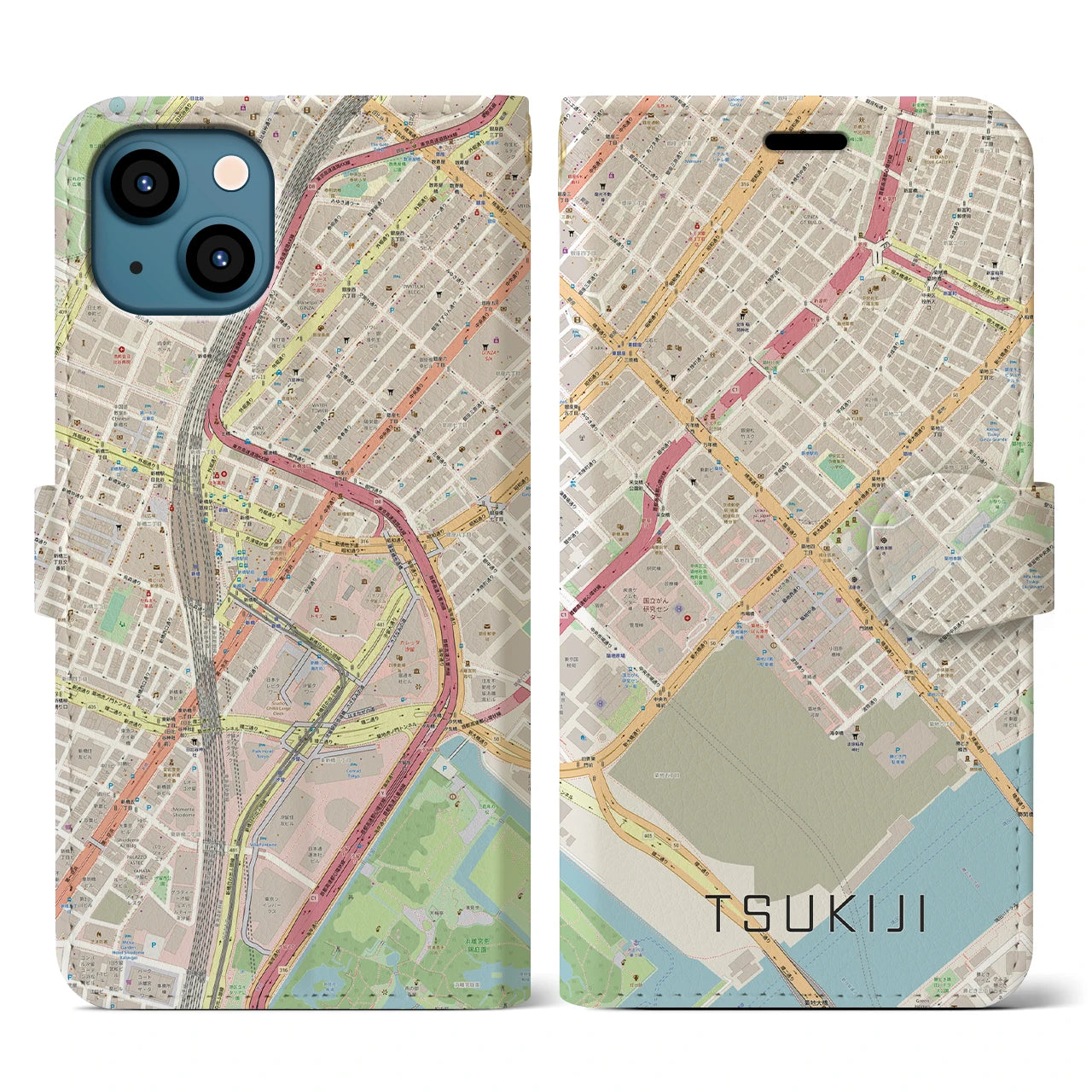 【築地(東京都)】地図柄iPhoneケース(手帳タイプ)ナチュラル・iPhone 13 用