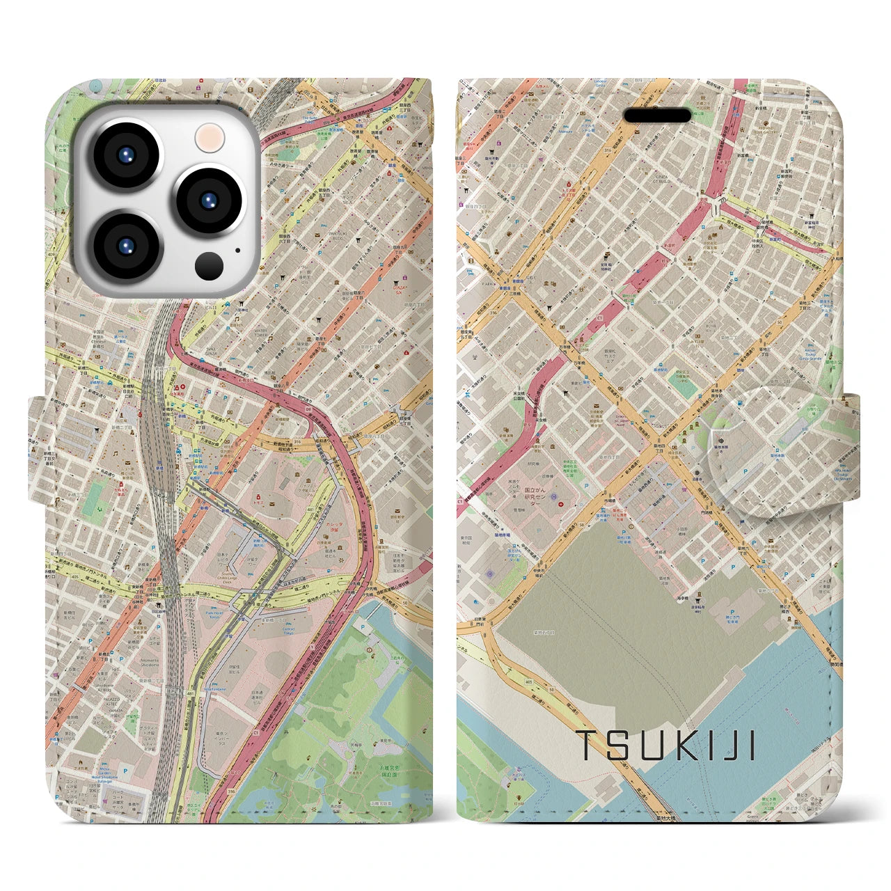 【築地(東京都)】地図柄iPhoneケース(手帳タイプ)ナチュラル・iPhone 13 Pro 用