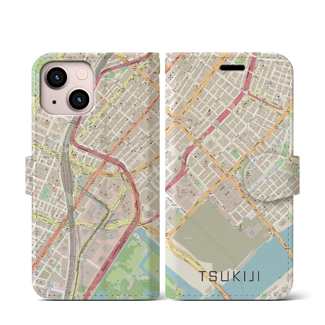 【築地(東京都)】地図柄iPhoneケース(手帳タイプ)ナチュラル・iPhone 13 mini 用