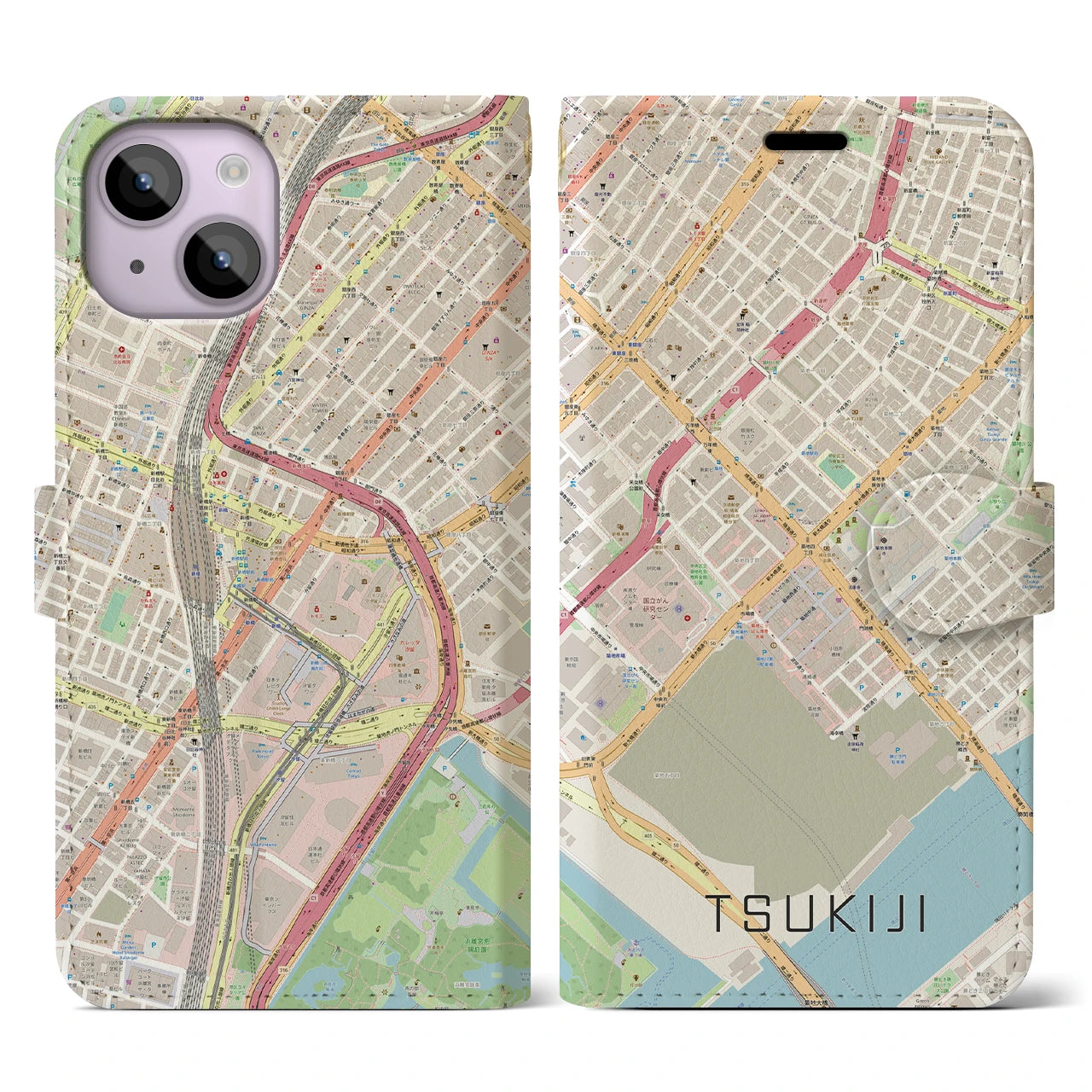 【築地(東京都)】地図柄iPhoneケース(手帳タイプ)ナチュラル・iPhone 14 用
