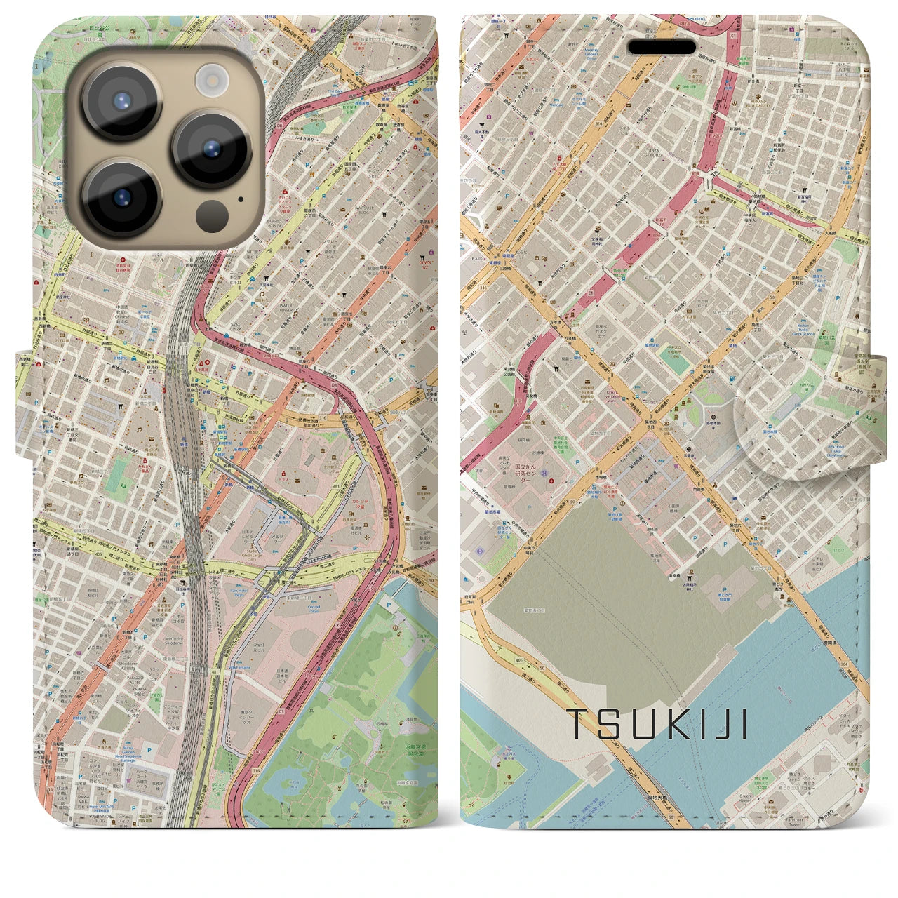 【築地(東京都)】地図柄iPhoneケース(手帳タイプ)ナチュラル・iPhone 14 Pro Max 用