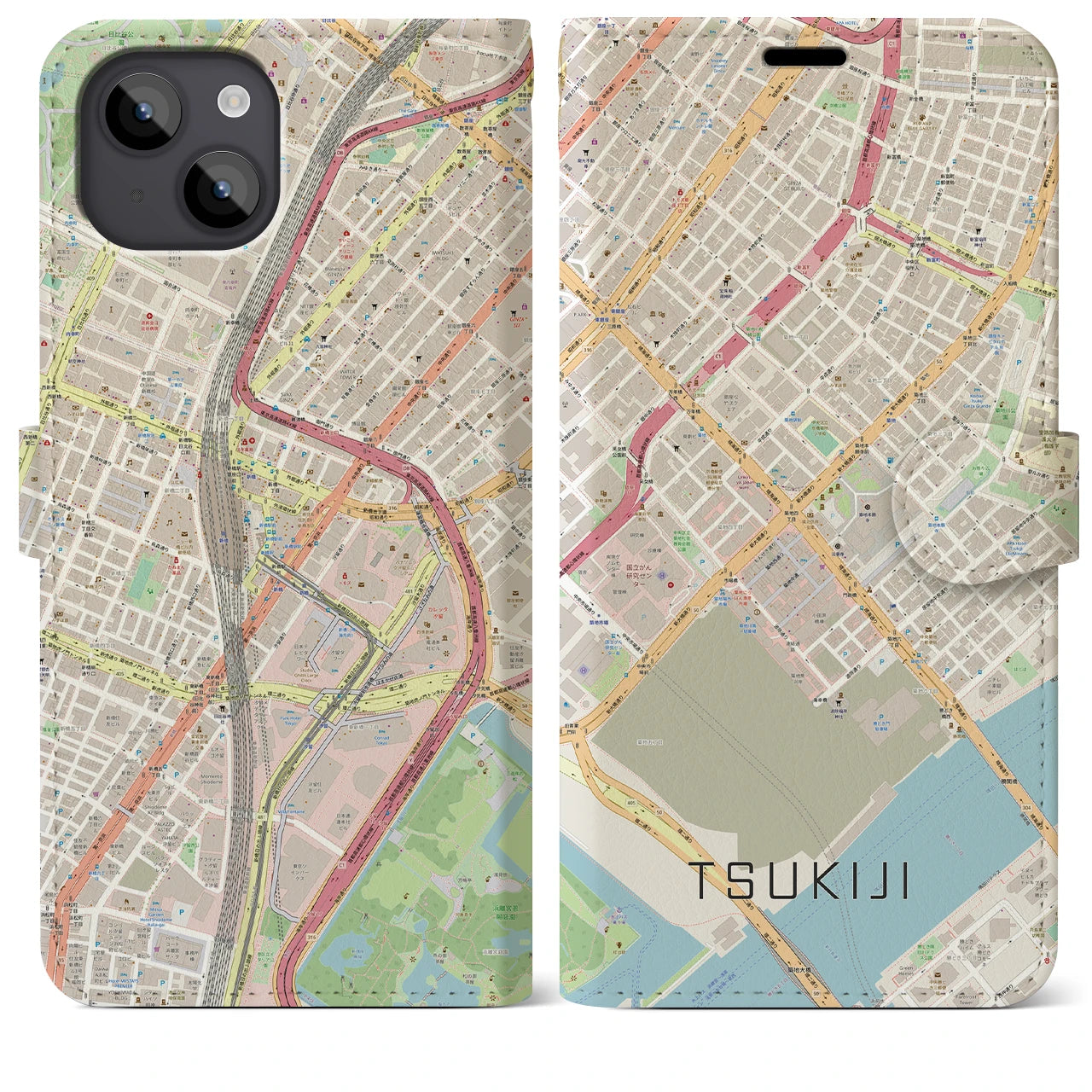 【築地(東京都)】地図柄iPhoneケース(手帳タイプ)ナチュラル・iPhone 14 Plus 用