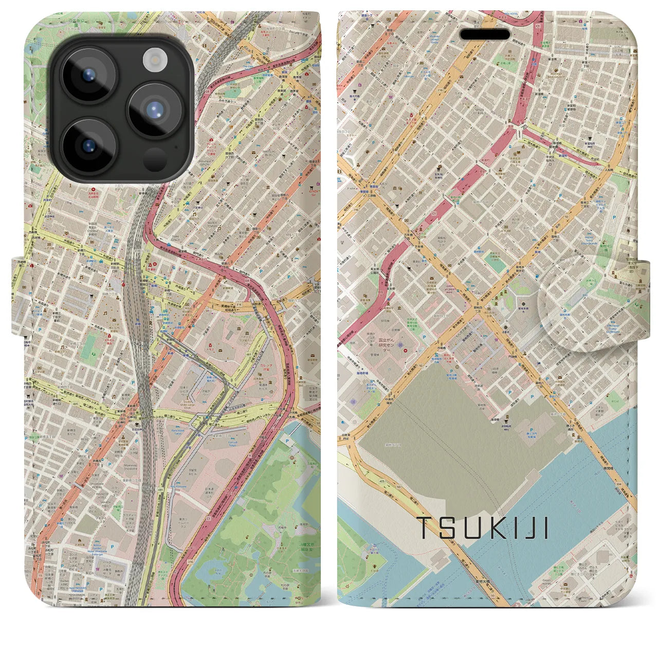 【築地(東京都)】地図柄iPhoneケース(手帳タイプ)ナチュラル・iPhone 15 Pro Max 用