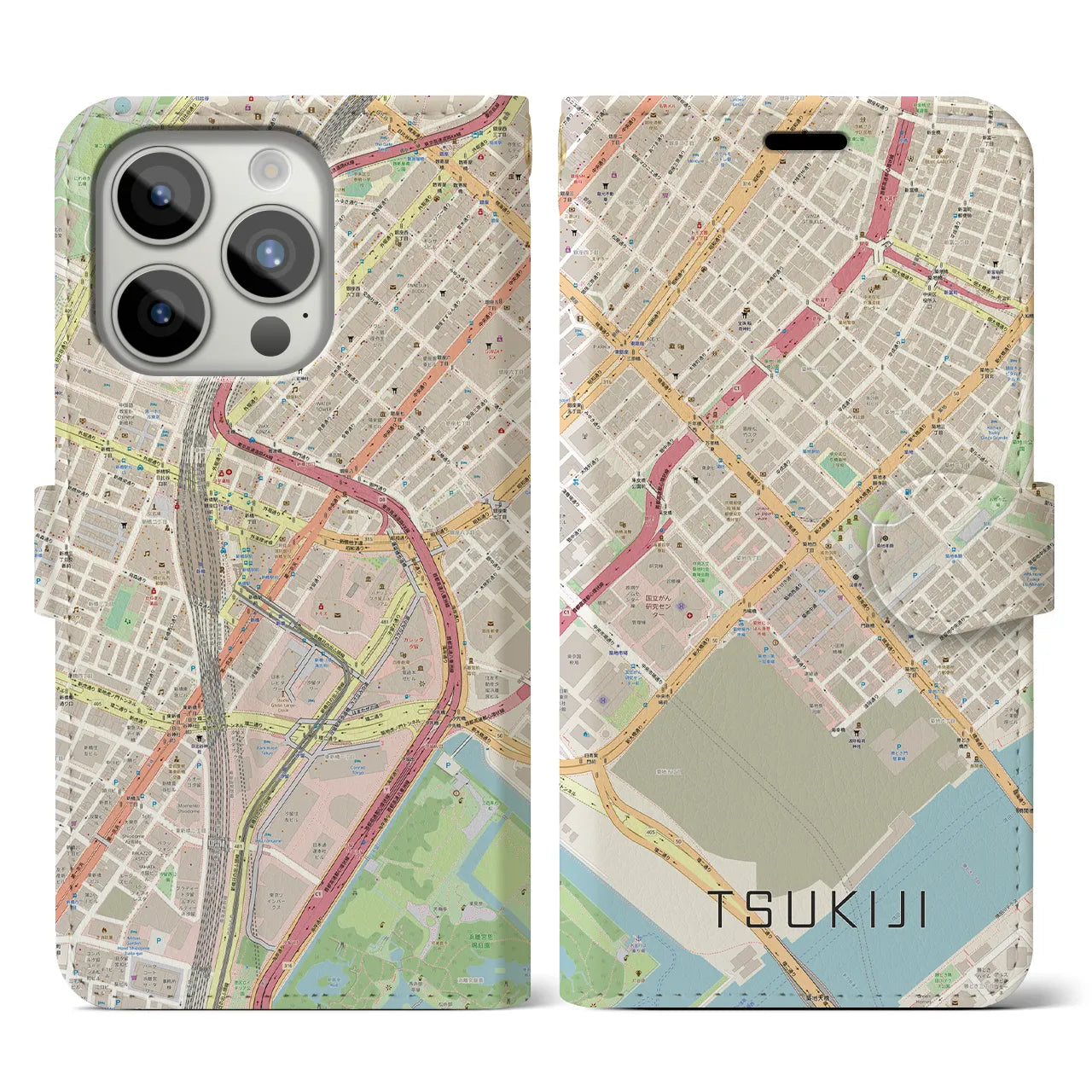 【築地(東京都)】地図柄iPhoneケース(手帳タイプ)ナチュラル・iPhone 15 Pro 用
