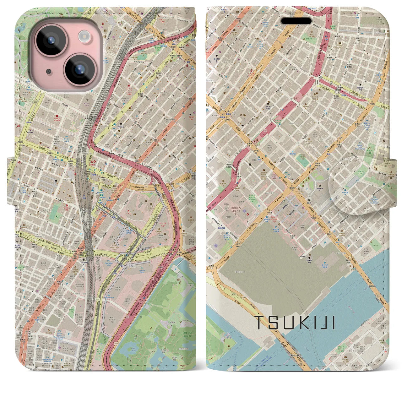 【築地(東京都)】地図柄iPhoneケース(手帳タイプ)ナチュラル・iPhone 15 Plus 用