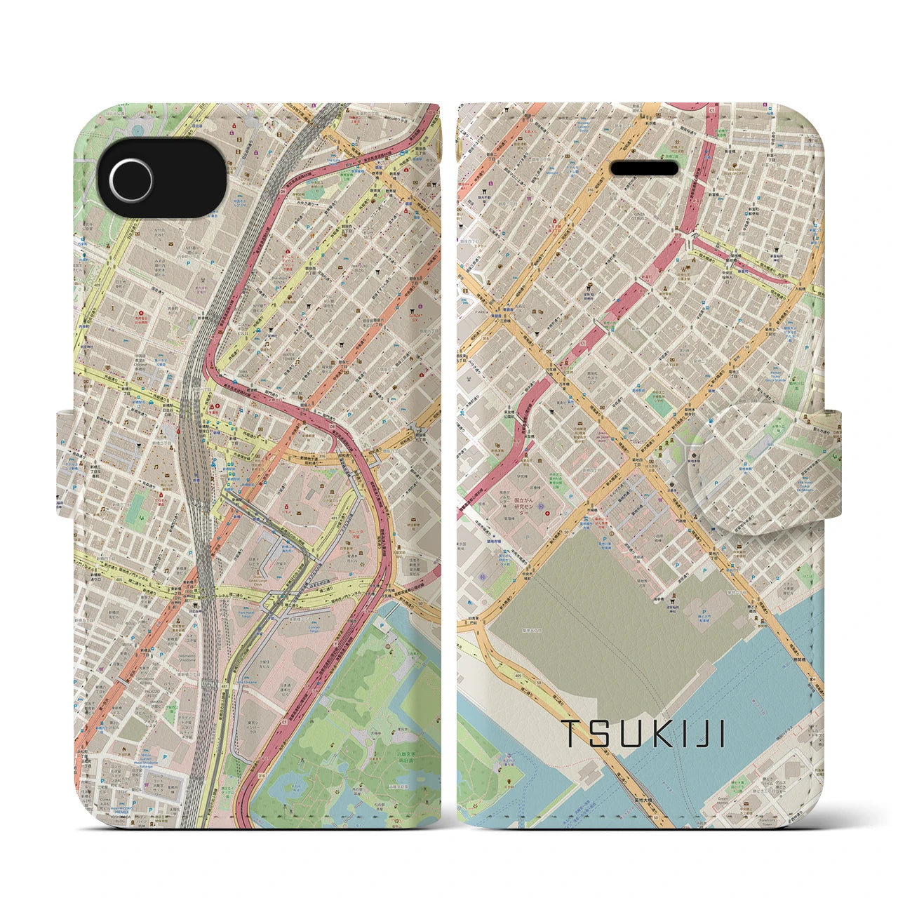 【築地(東京都)】地図柄iPhoneケース(手帳タイプ)ナチュラル・iPhone SE(第3 / 第2世代) / 8 / 7 / 6s / 6 用