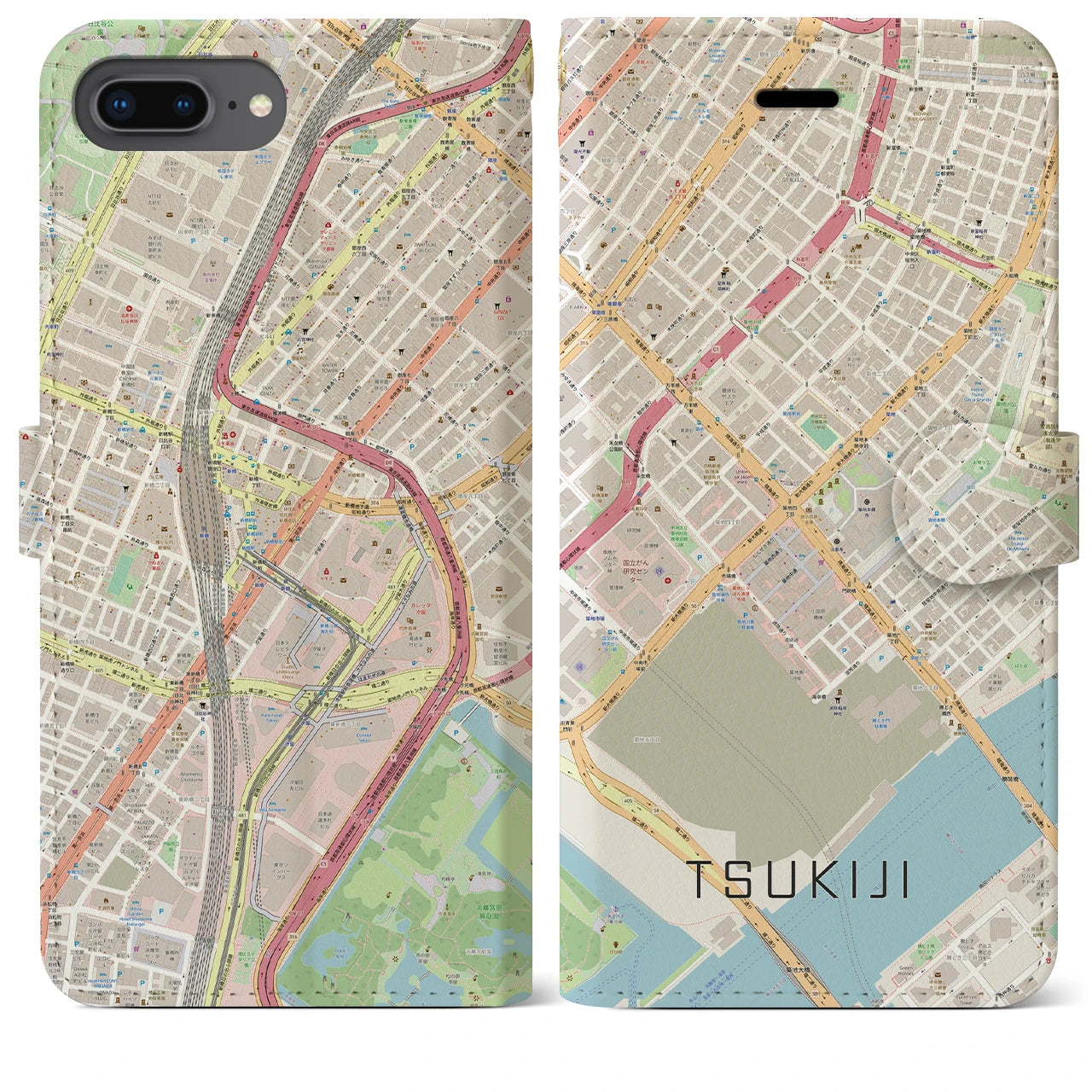 【築地(東京都)】地図柄iPhoneケース(手帳タイプ)ナチュラル・iPhone 8Plus /7Plus / 6sPlus / 6Plus 用
