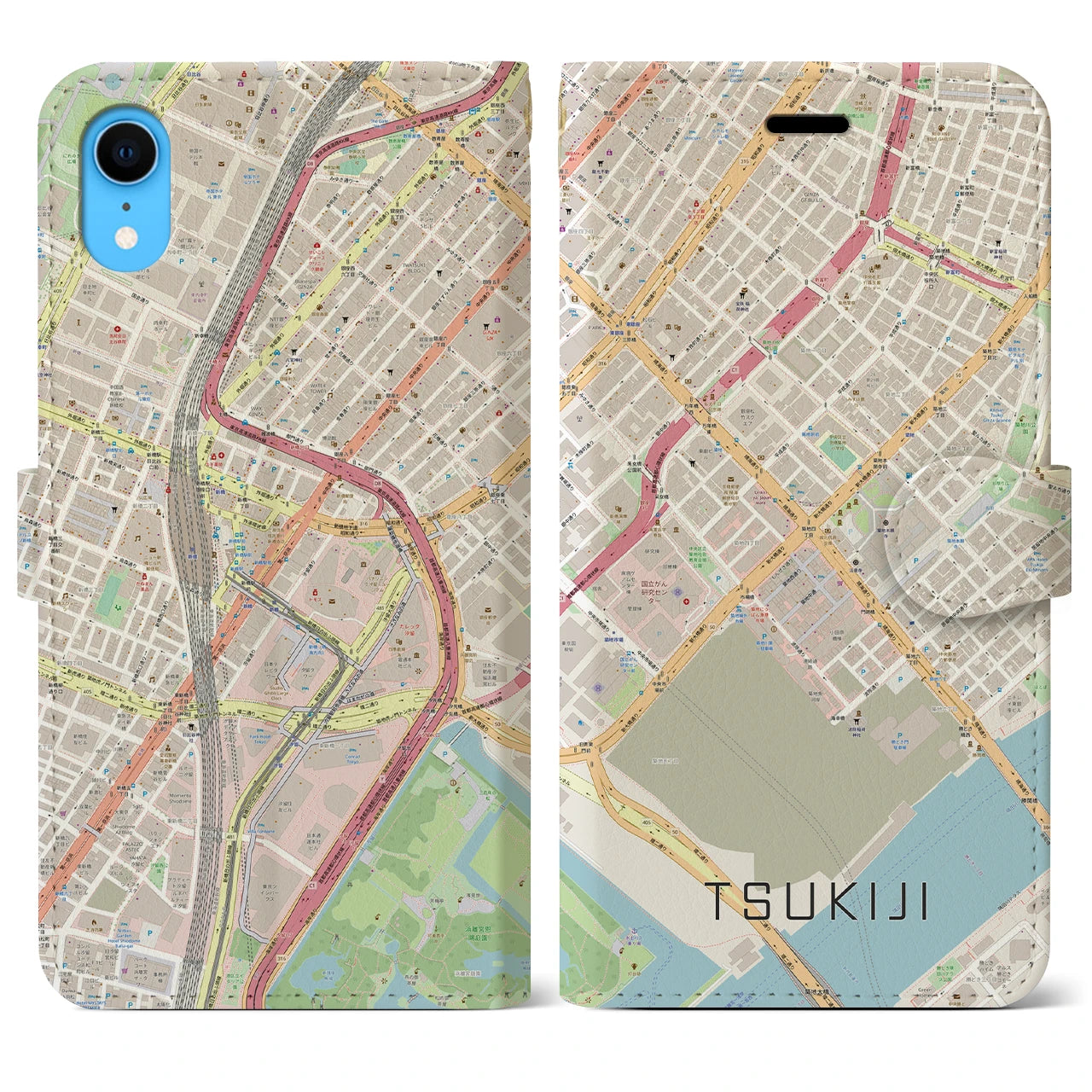 【築地(東京都)】地図柄iPhoneケース(手帳タイプ)ナチュラル・iPhone XR 用