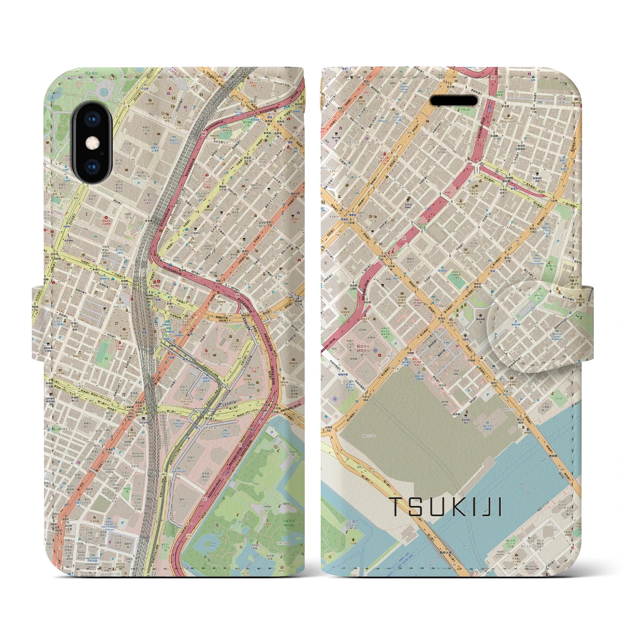 【築地(東京都)】地図柄iPhoneケース(手帳タイプ)ナチュラル・iPhone XS / X 用