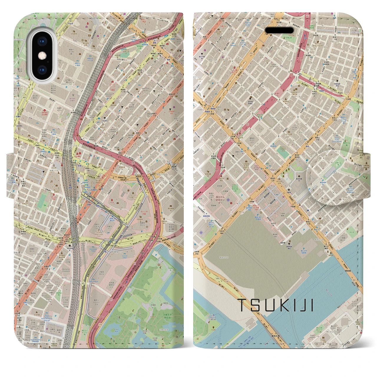 【築地(東京都)】地図柄iPhoneケース(手帳タイプ)ナチュラル・iPhone XS Max 用
