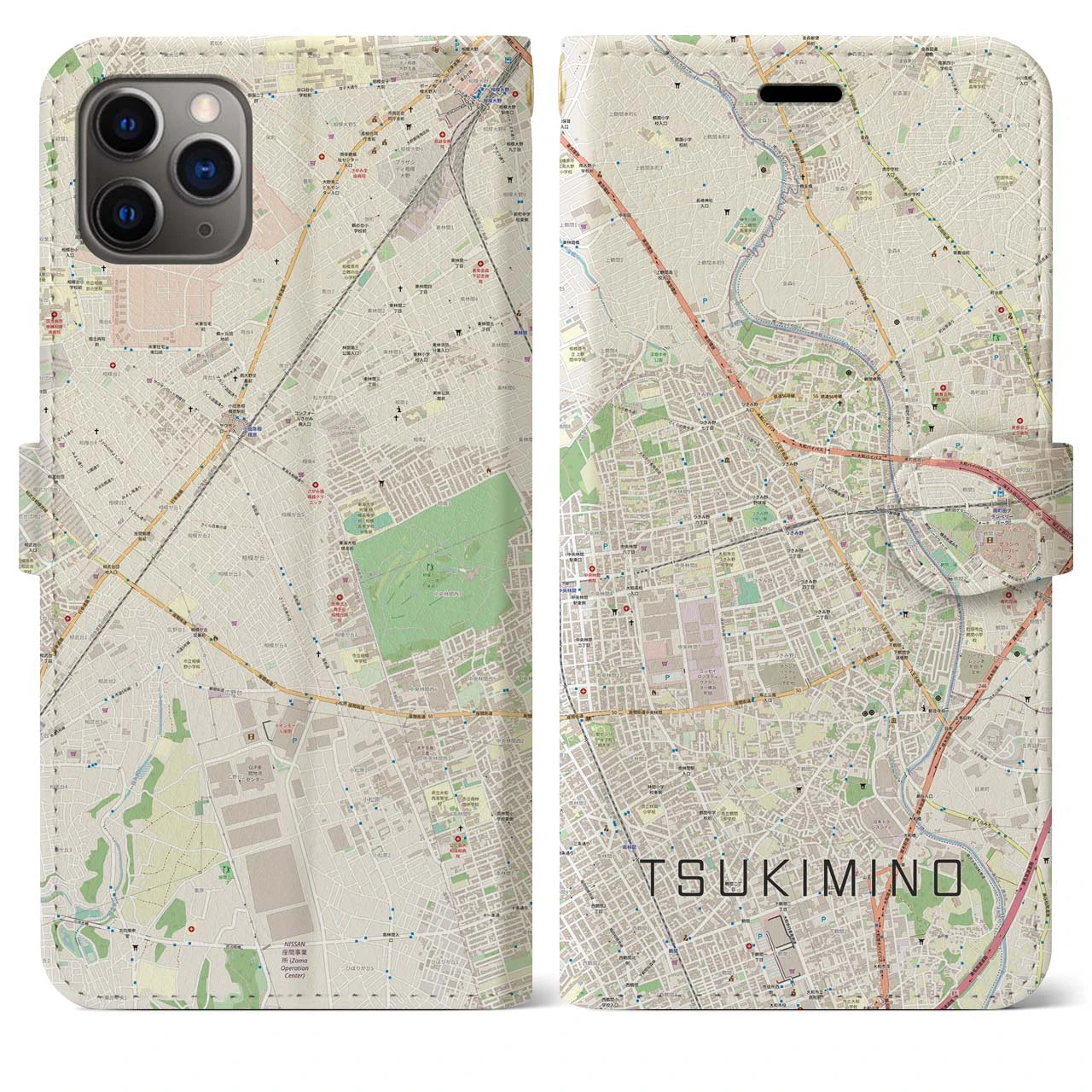 【つきみ野(神奈川県)】地図柄iPhoneケース(手帳タイプ)ナチュラル・iPhone 11 Pro Max 用