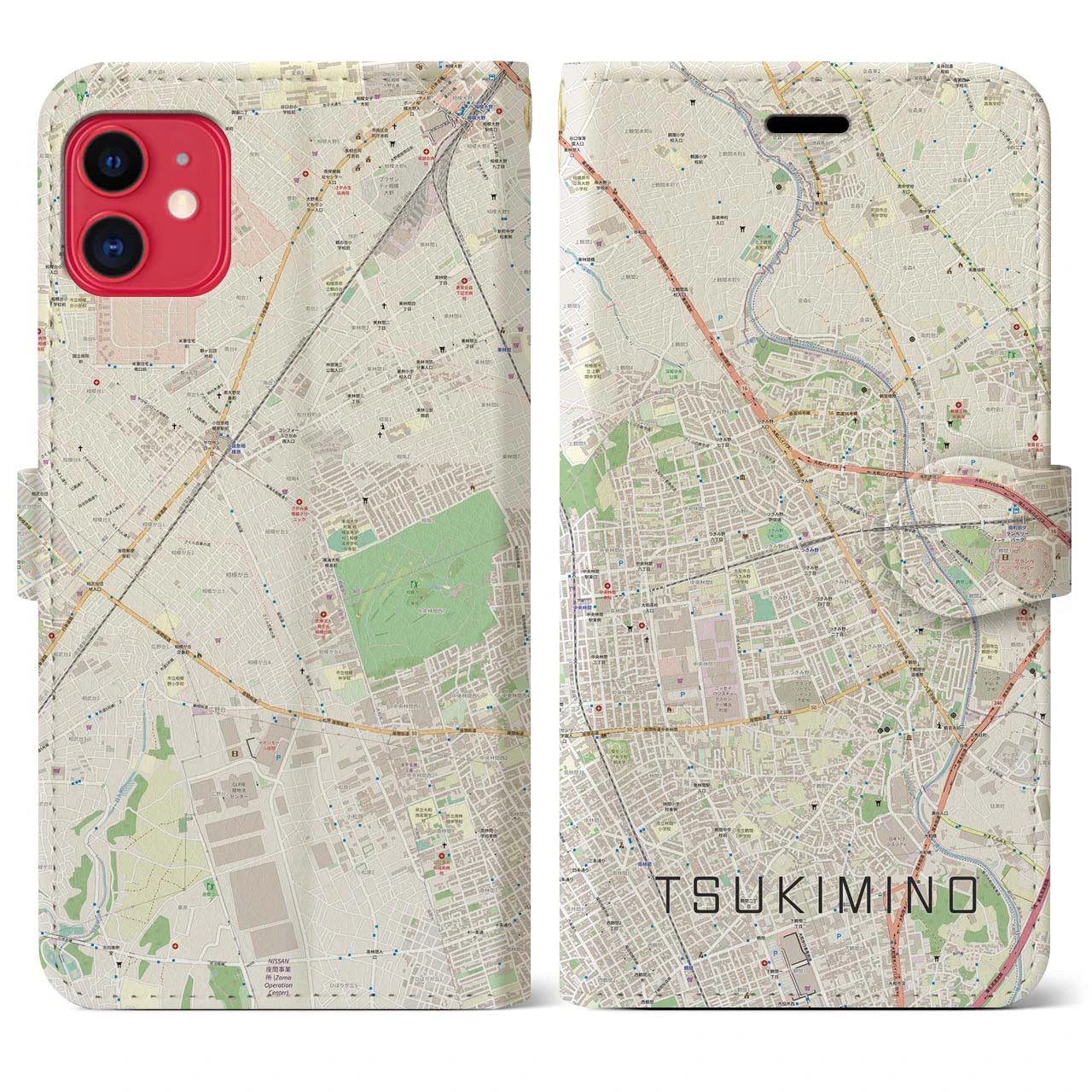 【つきみ野(神奈川県)】地図柄iPhoneケース(手帳タイプ)ナチュラル・iPhone 11 用
