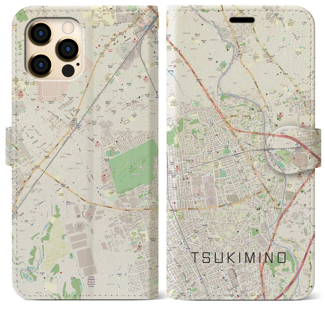 【つきみ野(神奈川県)】地図柄iPhoneケース(手帳タイプ)ナチュラル・iPhone 12 Pro Max 用