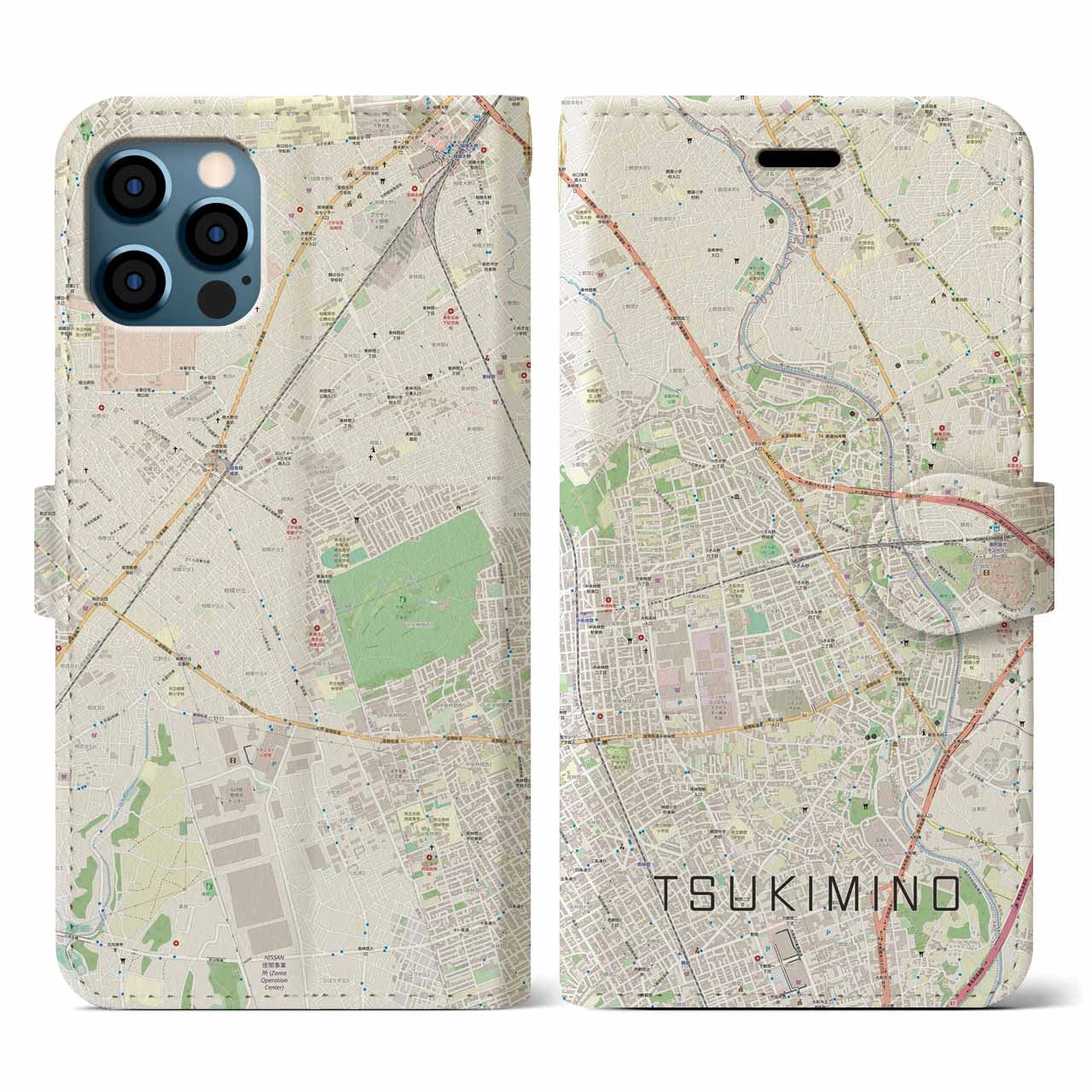 【つきみ野(神奈川県)】地図柄iPhoneケース(手帳タイプ)ナチュラル・iPhone 12 / 12 Pro 用