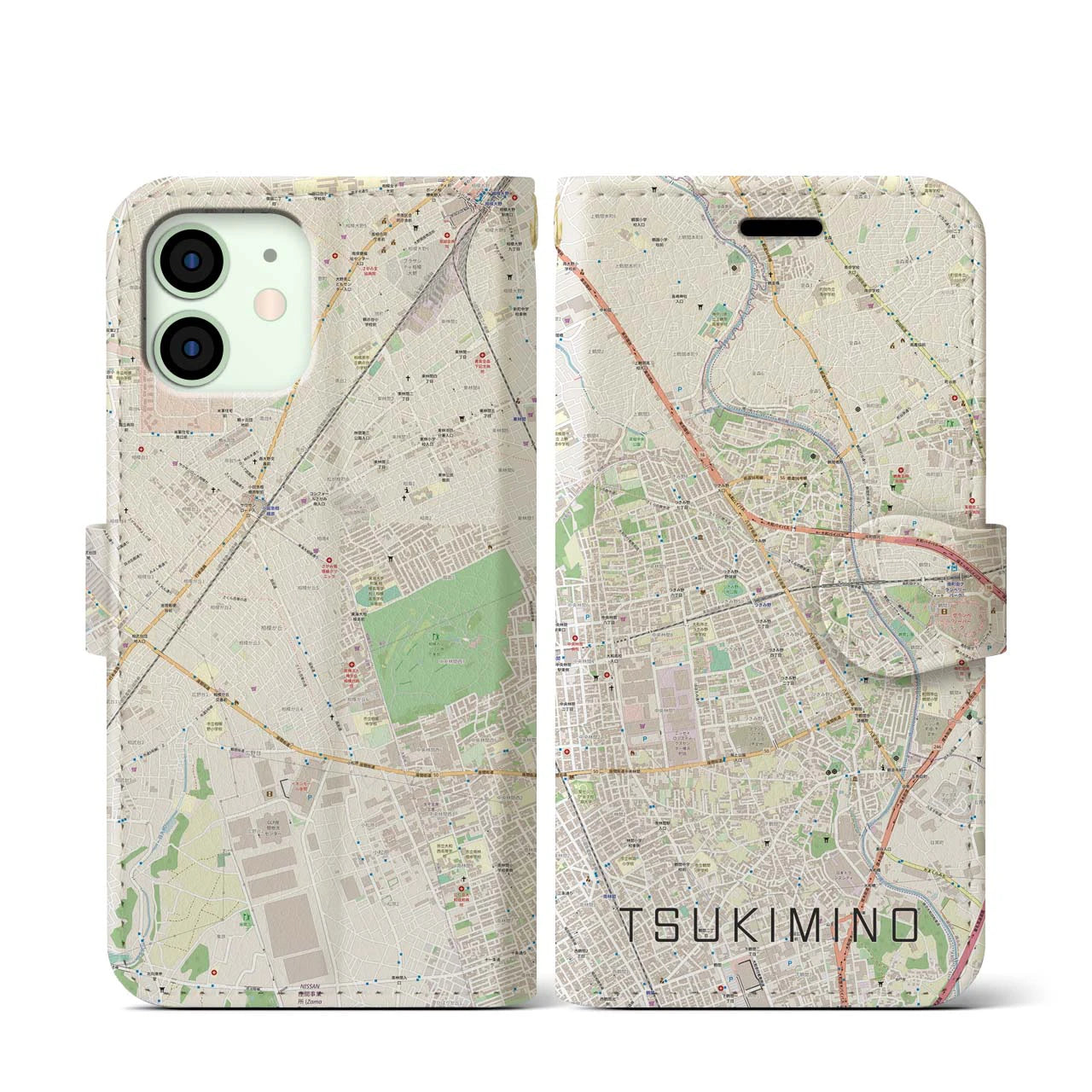 【つきみ野(神奈川県)】地図柄iPhoneケース(手帳タイプ)ナチュラル・iPhone 12 mini 用