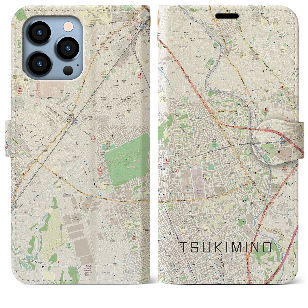 【つきみ野(神奈川県)】地図柄iPhoneケース(手帳タイプ)ナチュラル・iPhone 13 Pro Max 用