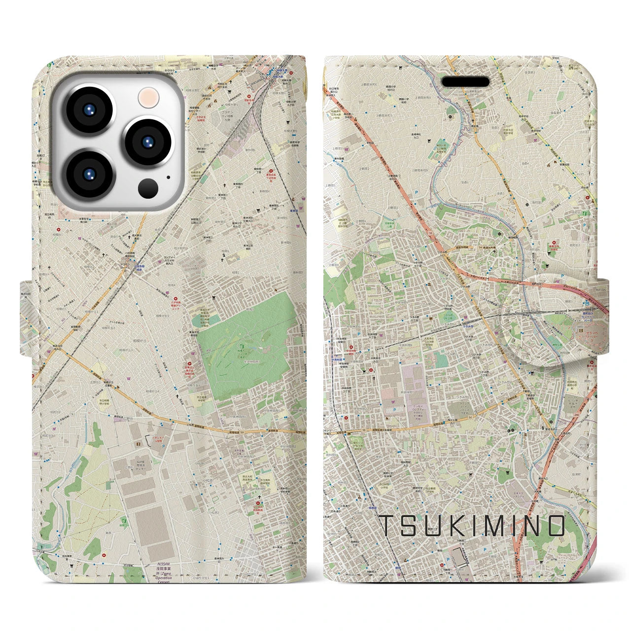 【つきみ野(神奈川県)】地図柄iPhoneケース(手帳タイプ)ナチュラル・iPhone 13 Pro 用