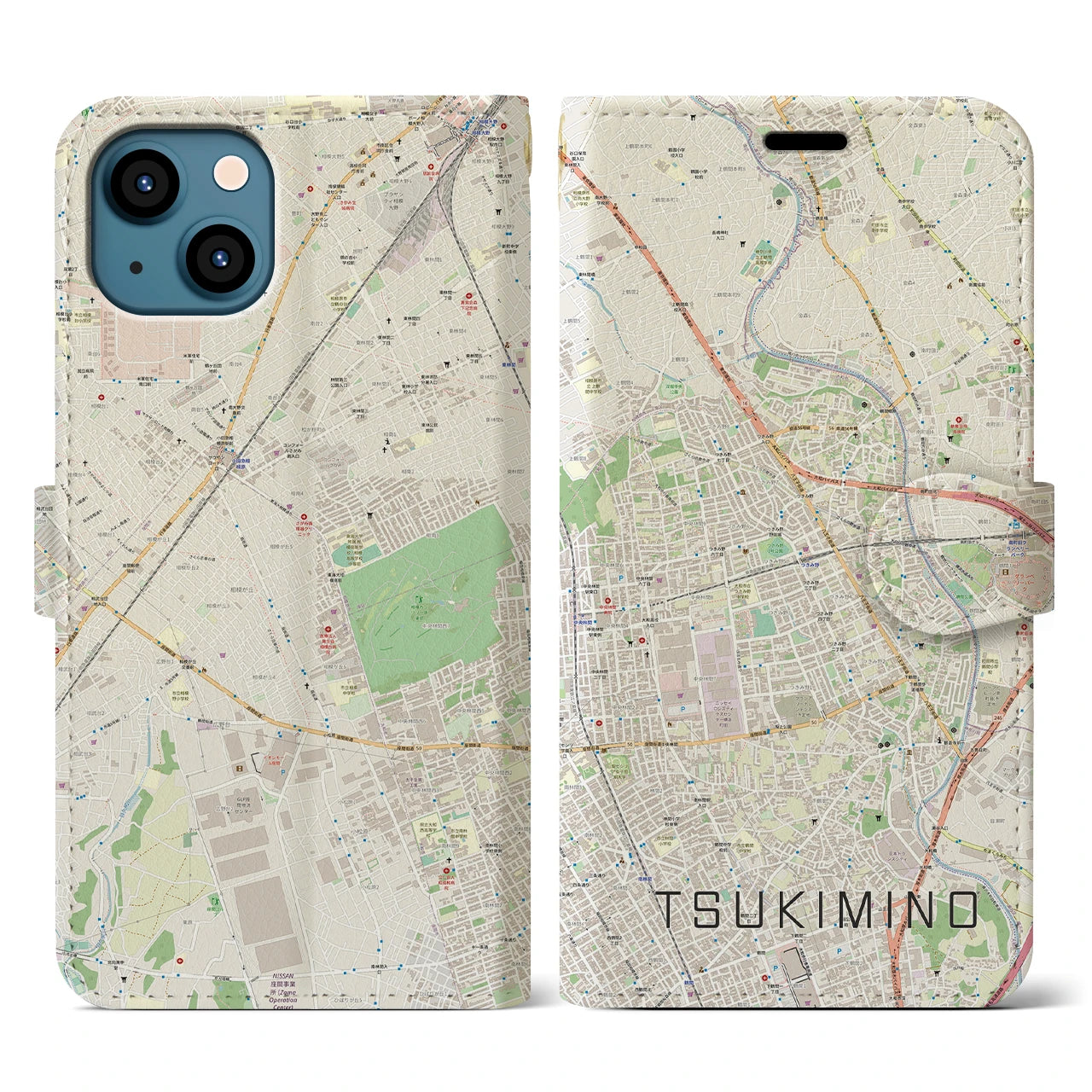 【つきみ野(神奈川県)】地図柄iPhoneケース(手帳タイプ)ナチュラル・iPhone 13 用